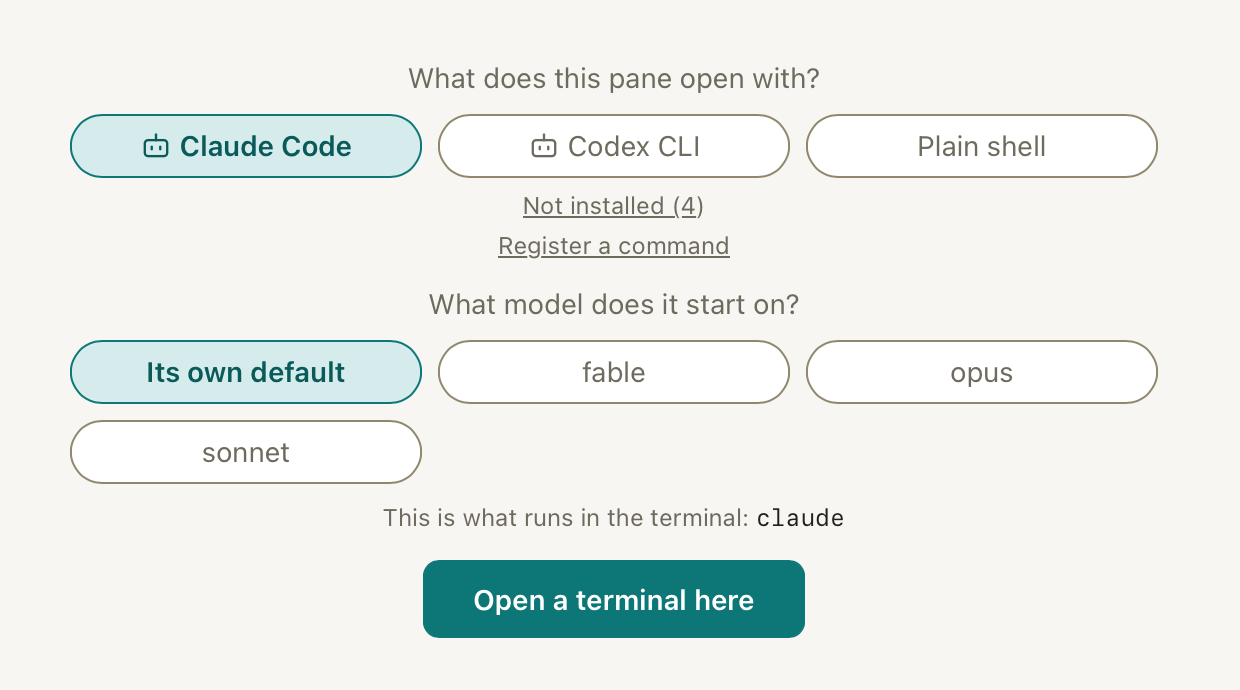For each pane, pick what it opens with and which model it starts on.